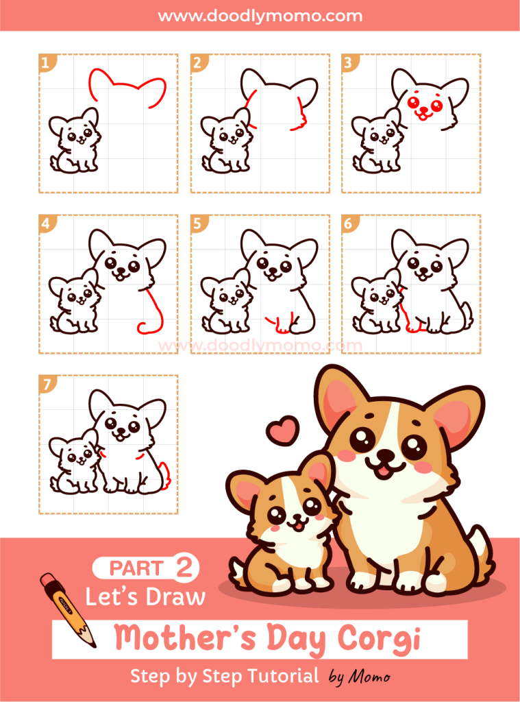 How to draw a cute Mother's day corgi step by step Part 2 - doodlymomo