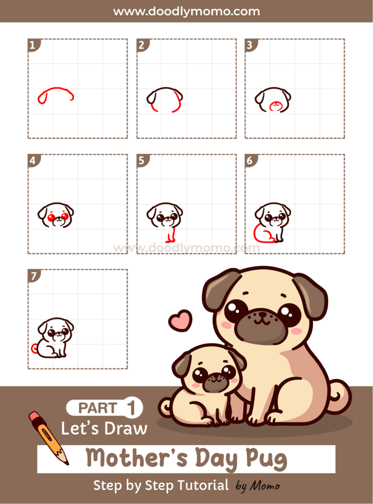 How to draw a cute Mother's day Pug step by step Part 1 - doodlymomo