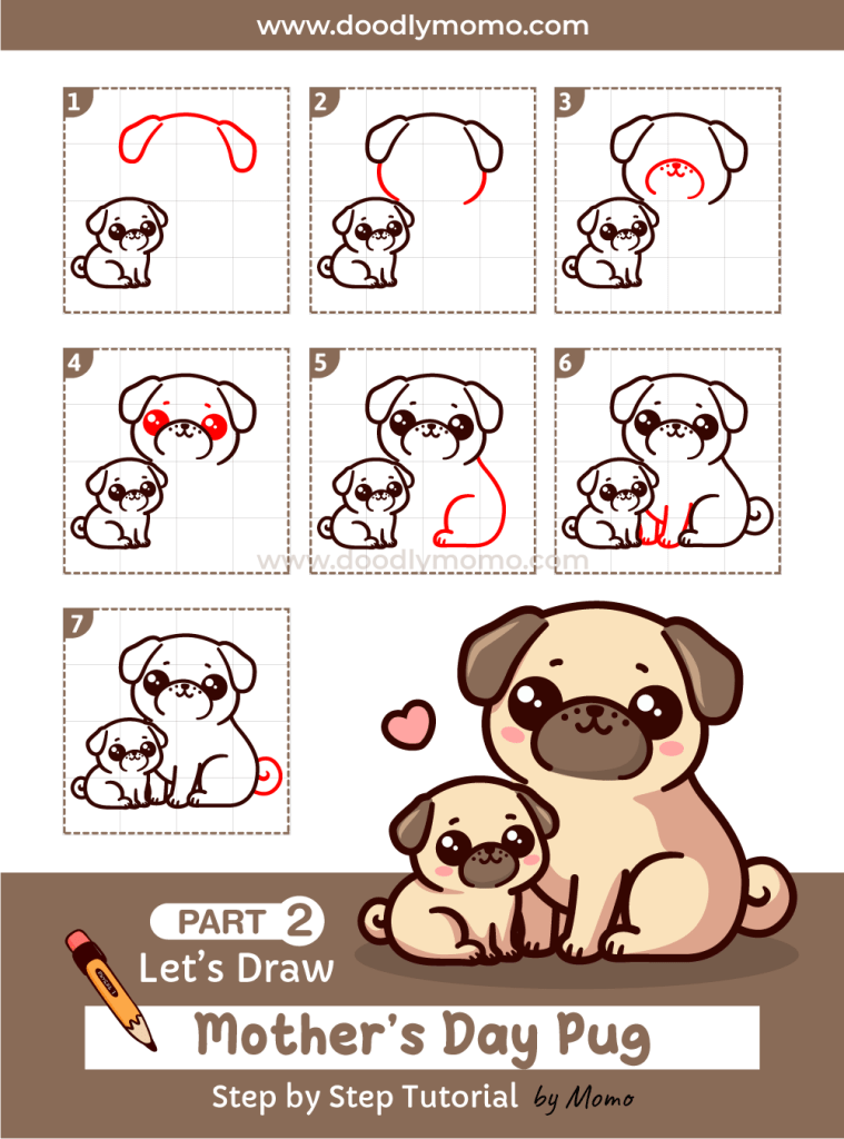 How to draw a cute Mother's day Pug step by step Part 2 - doodlymomo