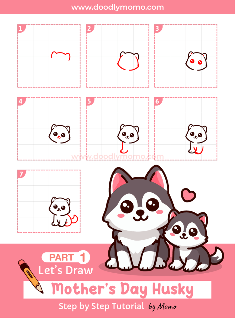 How to draw a cute Mother's day Siberian Husky step by step Part 1 - doodlymomo