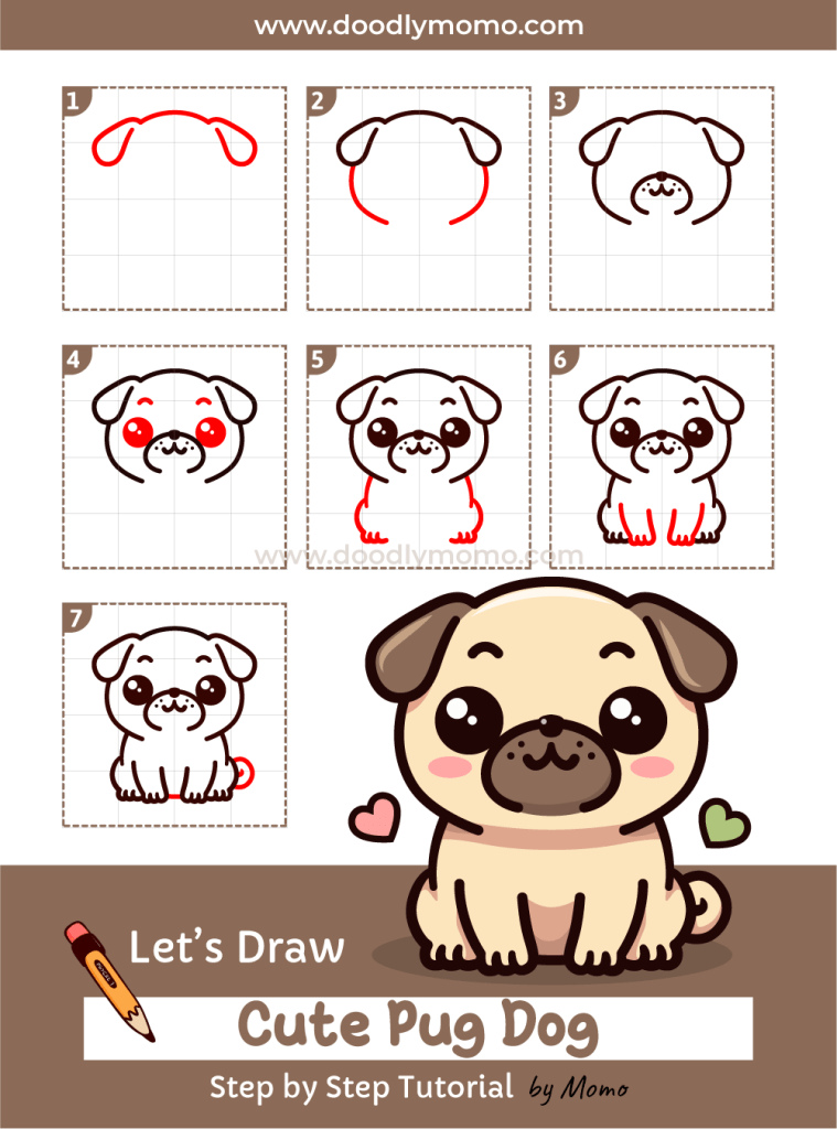 How to draw a cute Pug step by step - doodlymomo