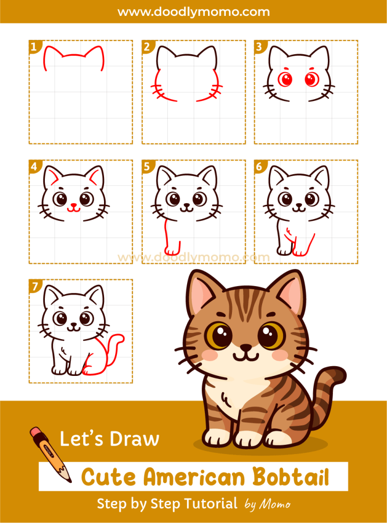 How to draw a cute American Bobtail Cat step by step - doodlymomo