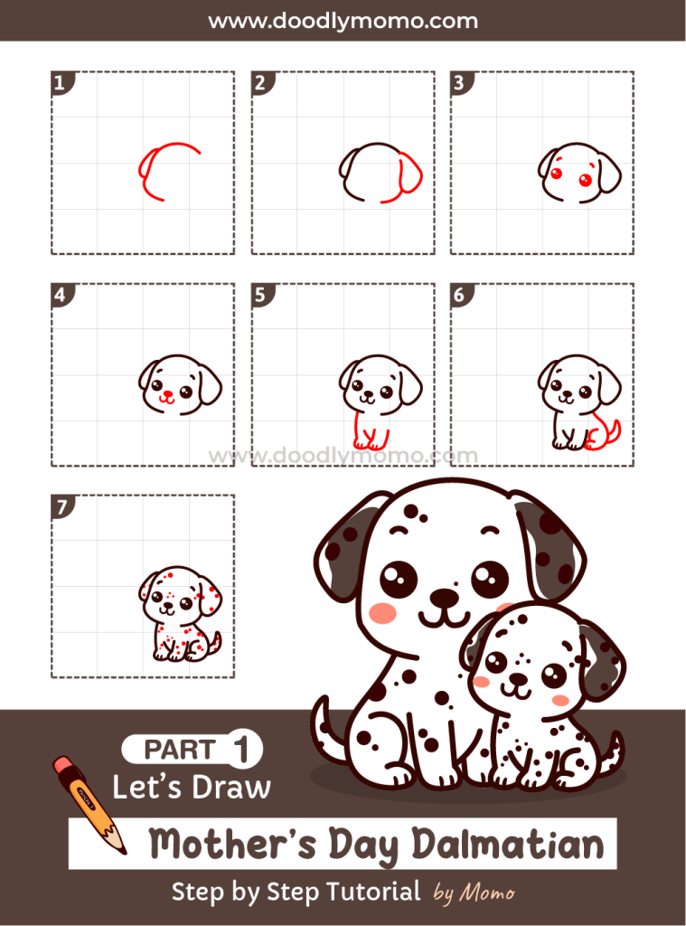 How to draw a cute Mother's day Dalmatian step by step Part 1 - doodlymomo