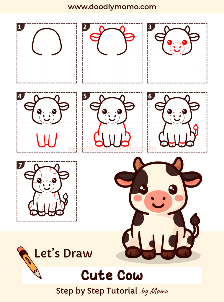How to draw a cute Cow step by step - doodlymomo