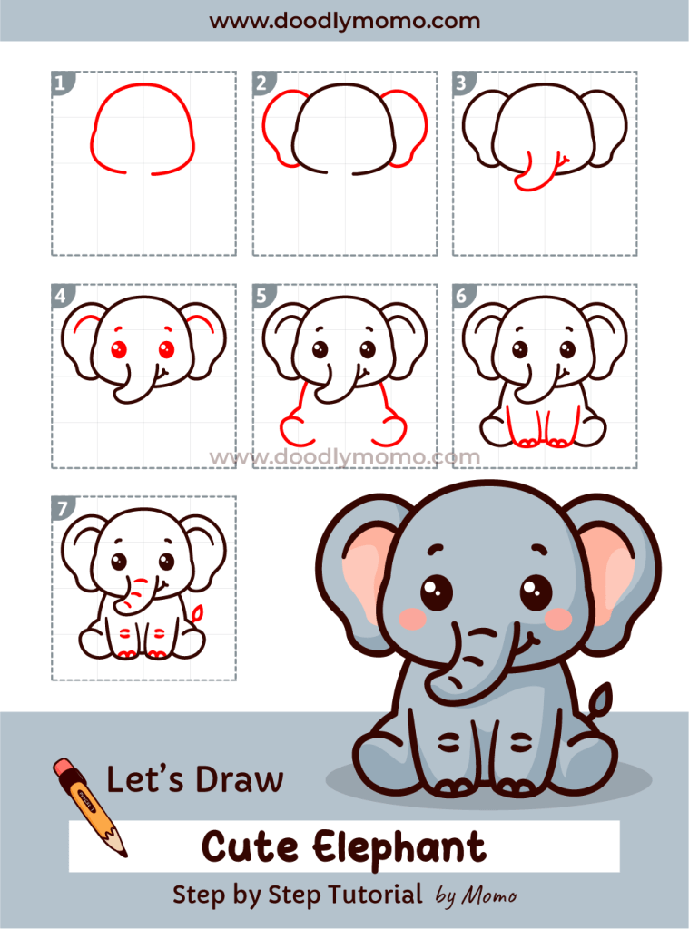 How to draw a cute Elephant step by step - doodlymomo
