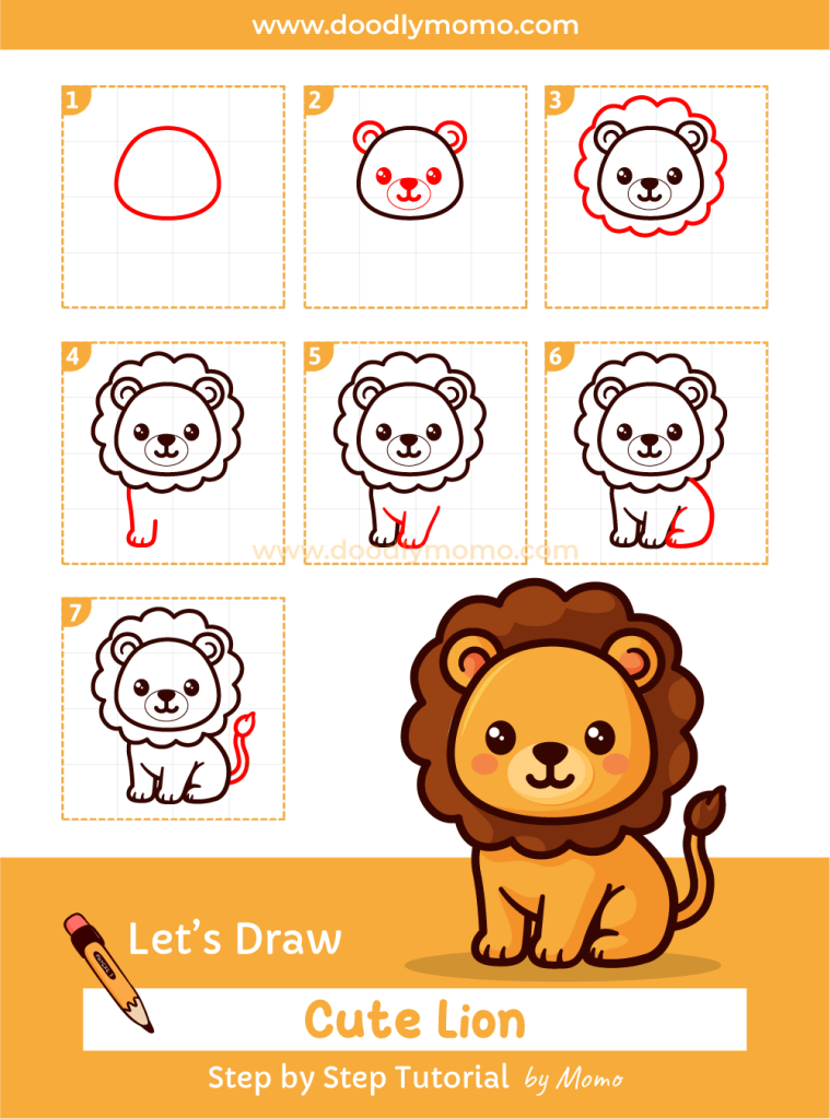 How to draw a cute Lion step by step - doodlymomo