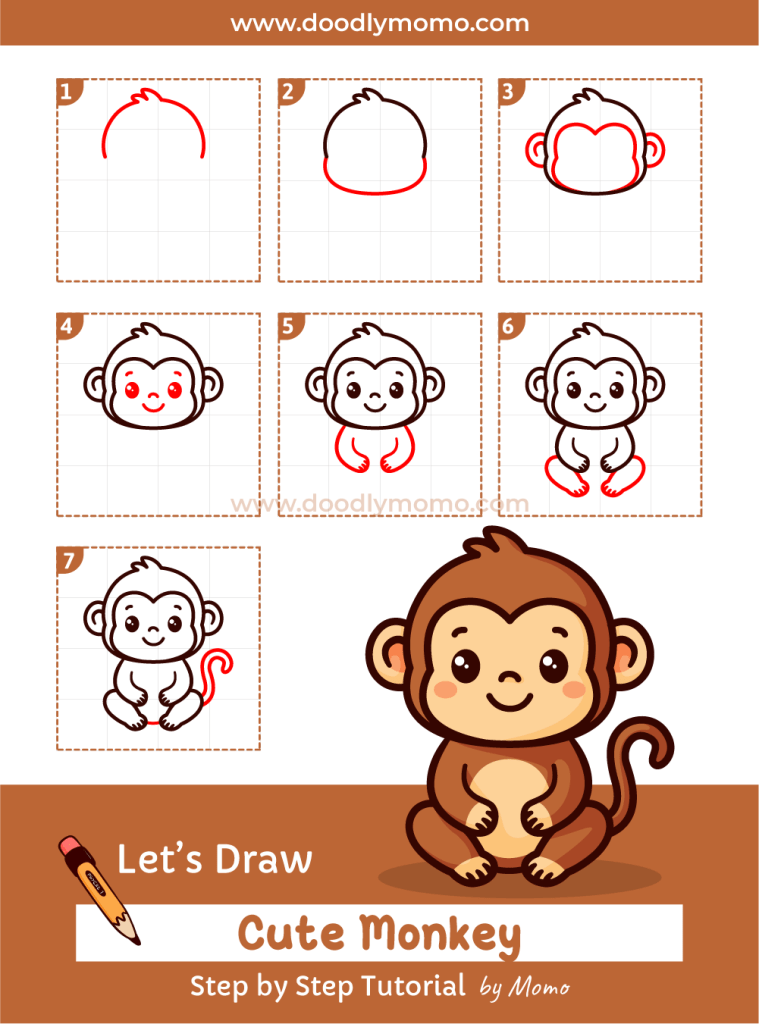 How to draw a cute Monkey step by step - doodlymomo