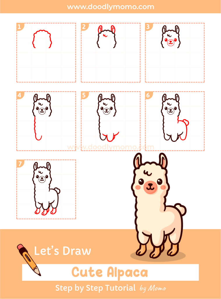 How to draw a cute Alpaca step by step - doodlymomo