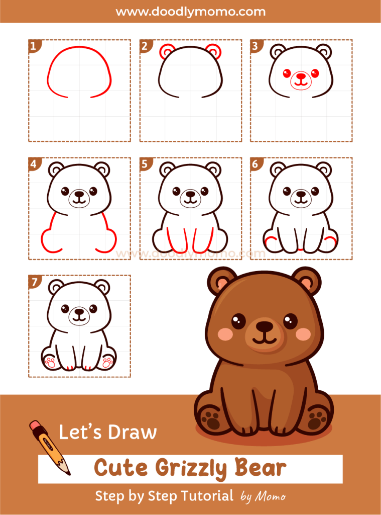 How to draw a cute Grizzly Bear step by step - doodlymomo