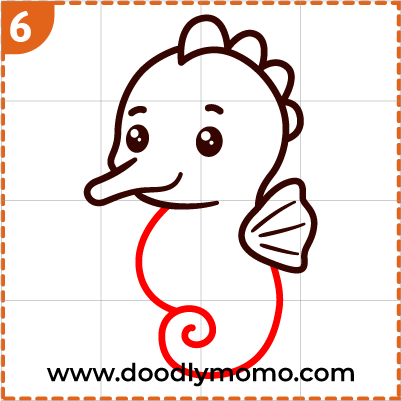 Step 6: Outlining the full seahorse drawing for kids