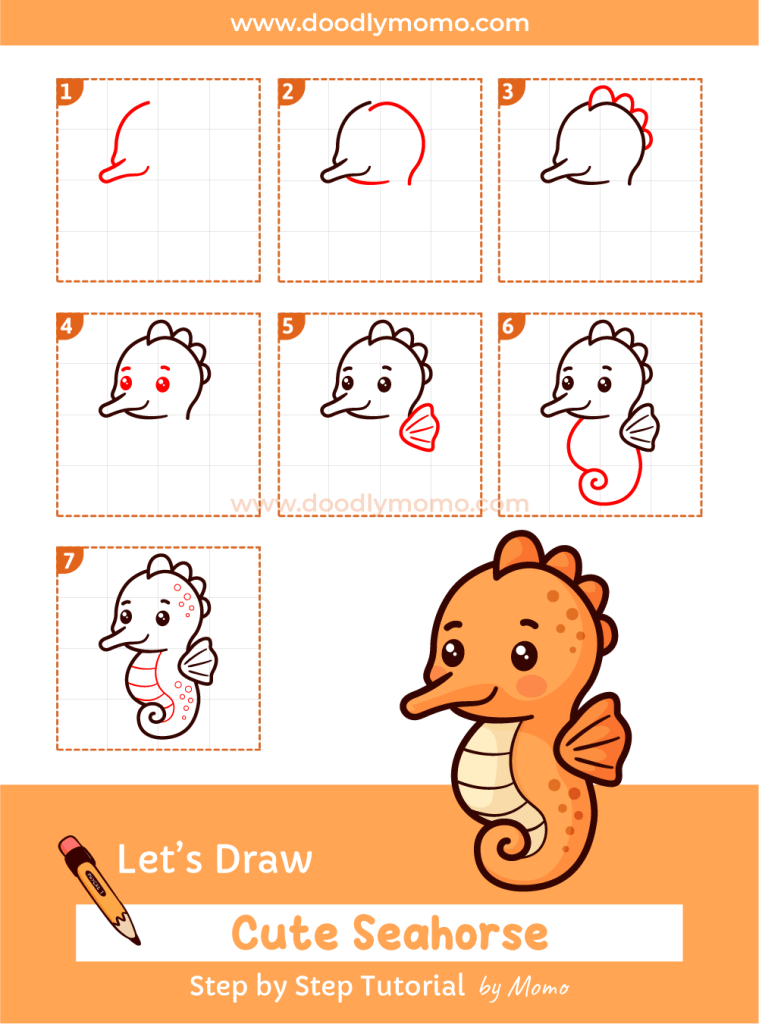 Complete step by step drawing of a cute seahorse for kids