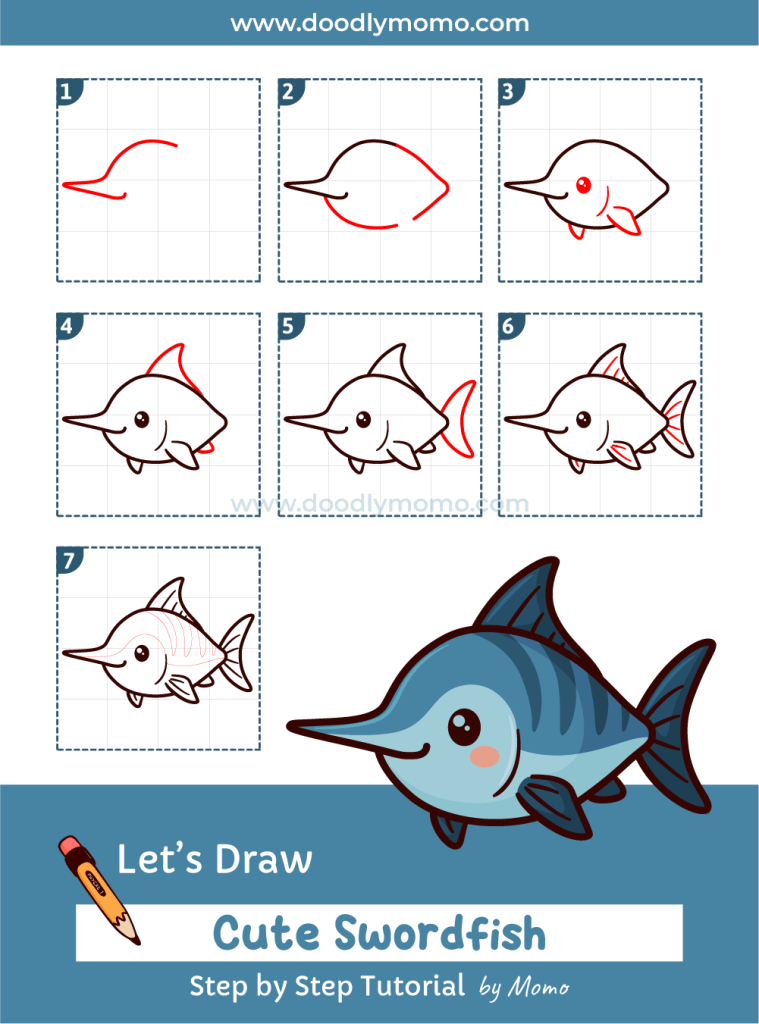 Complete step by step drawing of a cute swordfish for kids