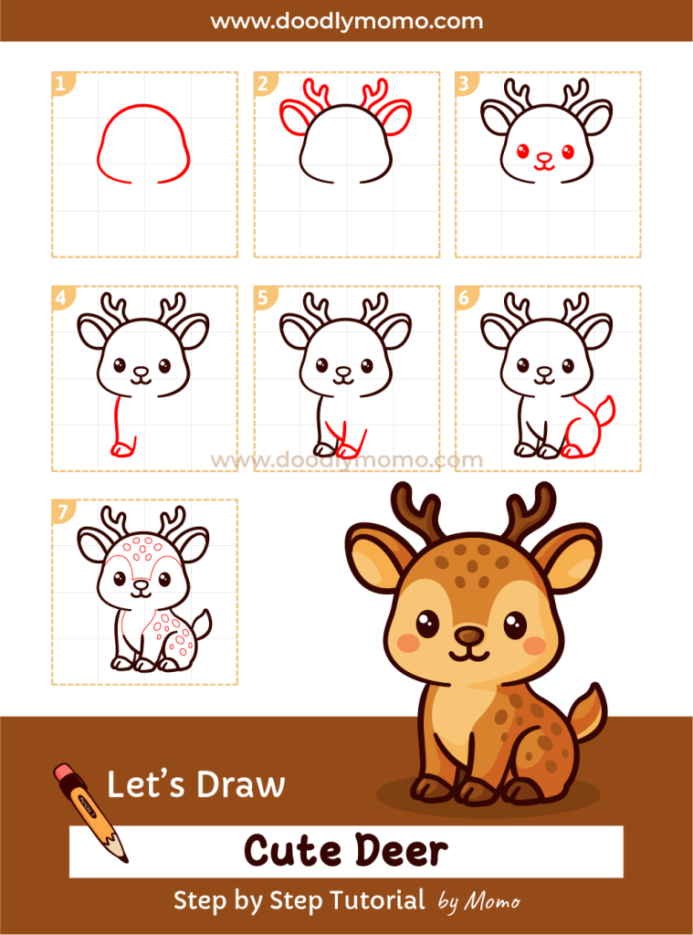 Complete step by step drawing of a cute deer for kids