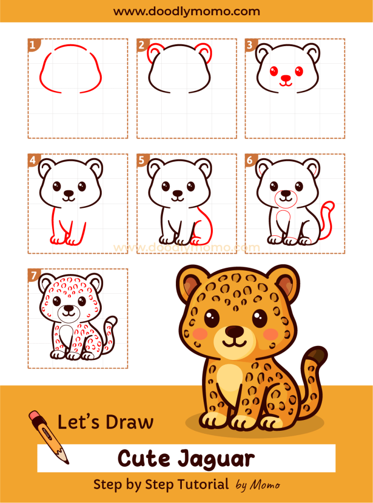 Complete step by step drawing of a cute Jaguar for kids