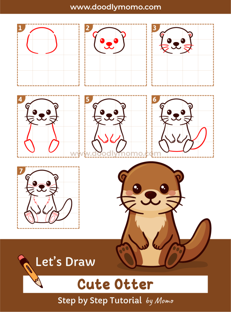 Complete step by step drawing of a cute otter for kids