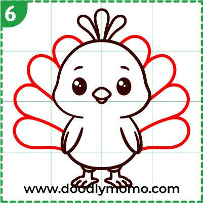 step 6: Outlining the tail of peacock drawing for kids