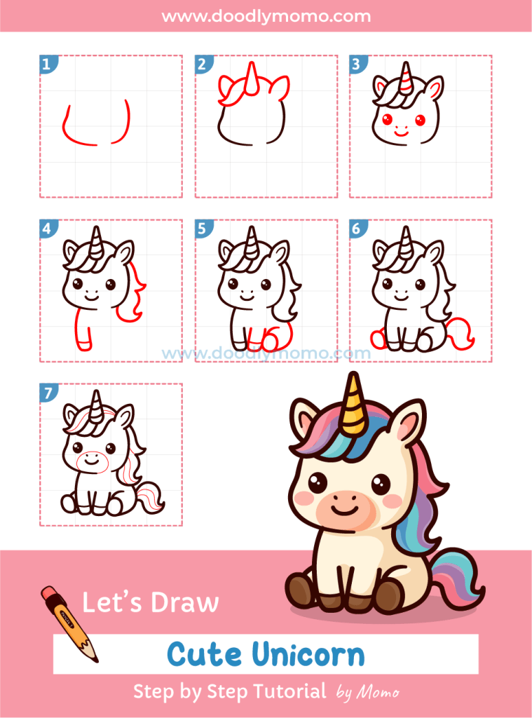 Complete step by step drawing of a cute unicorn for kids